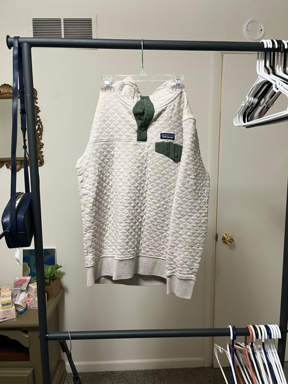 Patagonia Quilted Pullover Hoodie in Cream with Green Accents